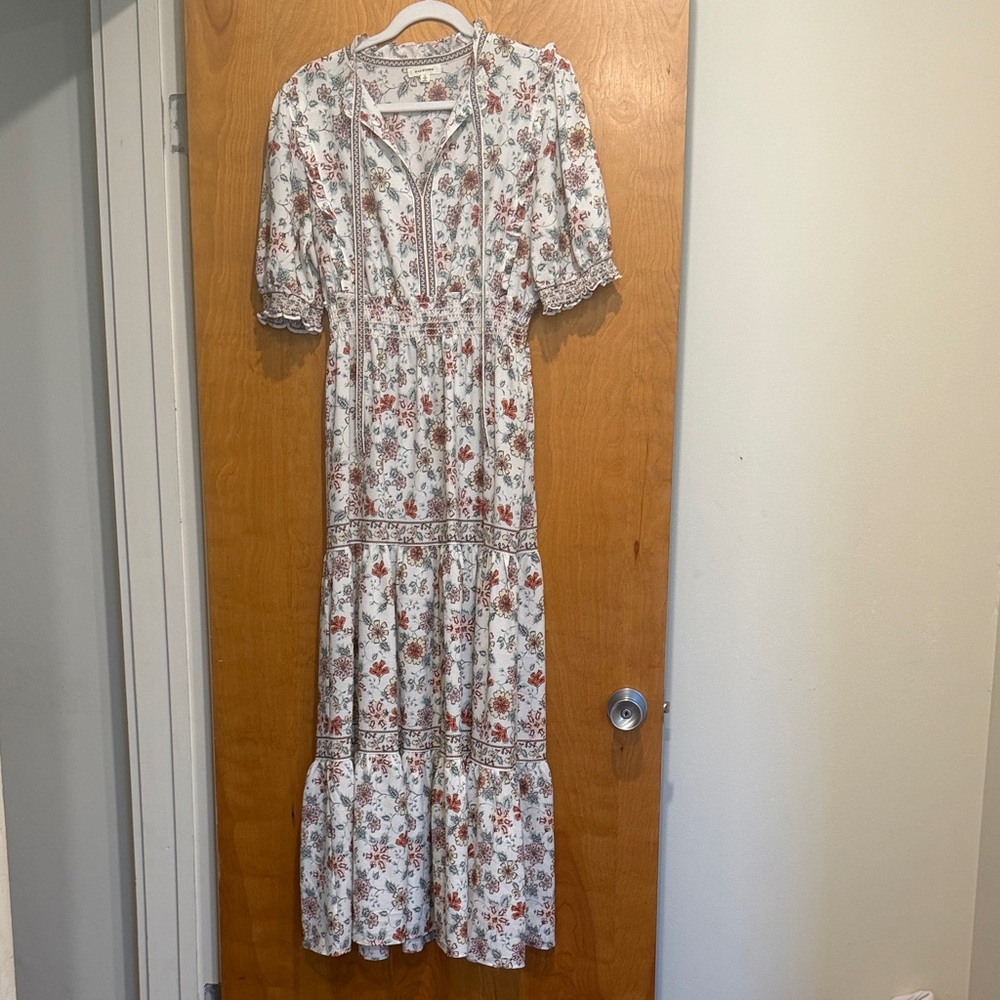 Max Studio White Maxi Dress with Rust Floral Print ( Perfect for Easter)
